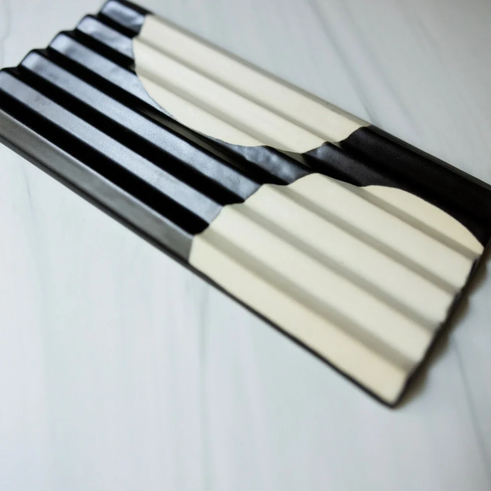 Crate and Barrel Cachuma tray made in Vietnam earthenware ceramic black white